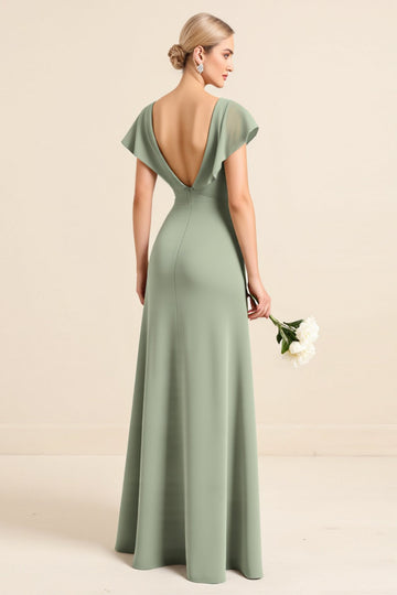Matcha Sheath V-Neck Ruffle Sleeves Long Bridesmaid Dress with Slit